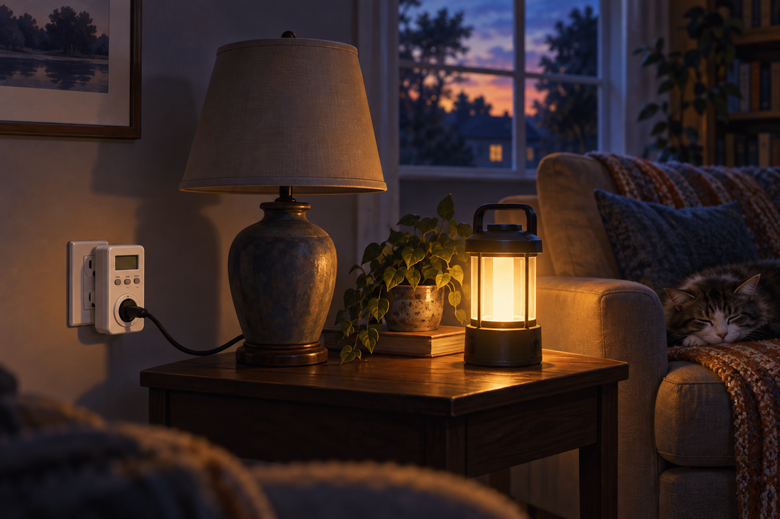 AI-generated illustration of an unlit table lamp and separate battery lantern during an outage