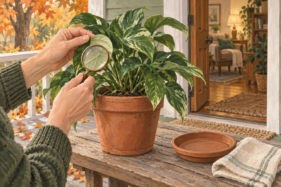 AI-generated illustration of hands examining the underside of a potted houseplant leaf on an autumn porch; roots remain undisturbed.