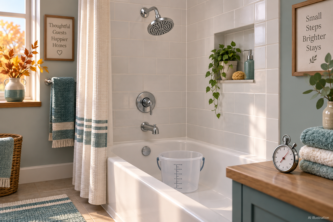 AI illustration of a switched-off shower above a measuring bucket, with stopwatch on a dry shelf