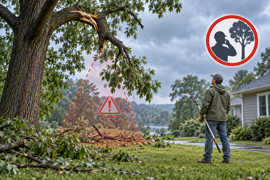 AI illustration showing a homeowner keeping clear of a storm-damaged branch