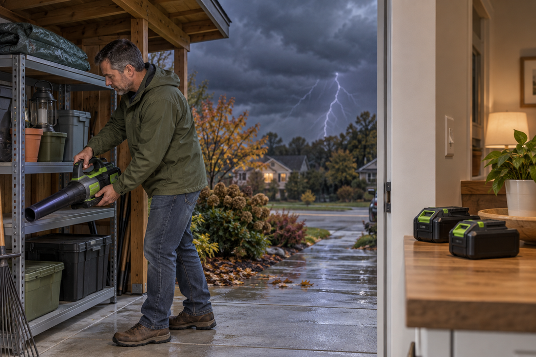 AI illustrative scene of storing a cordless leaf blower and battery in a dry covered area before a storm
