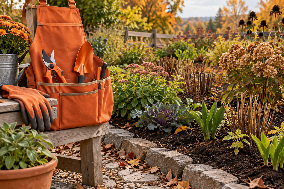 AI illustration of an orange garden tool kit beside a fall garden bed