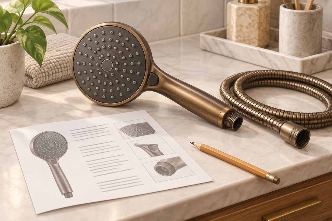AI illustration of a bronze handheld showerhead and hose beside a generic specification leaflet