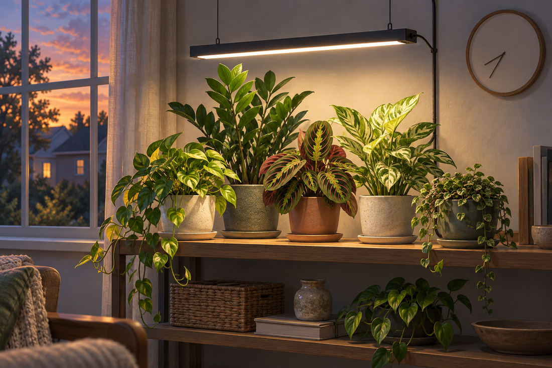 AI-generated illustration of foliage houseplants beneath an overhead grow light beside an evening window.