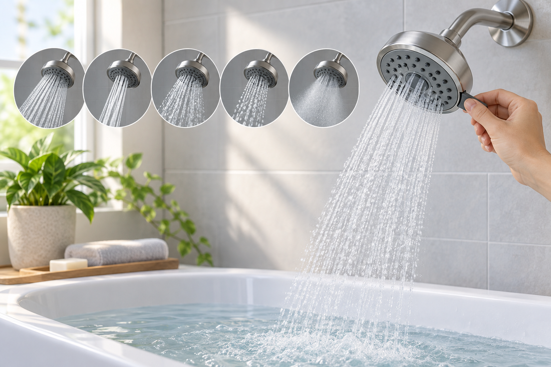 AI-generated illustration of a fixed shower head with controlled spray patterns in a clean bathroom