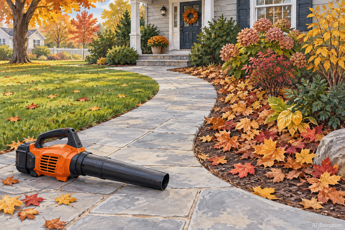 AI illustration of a clear autumn walkway beside a leaf-covered shrub bed, with an idle generic blower.