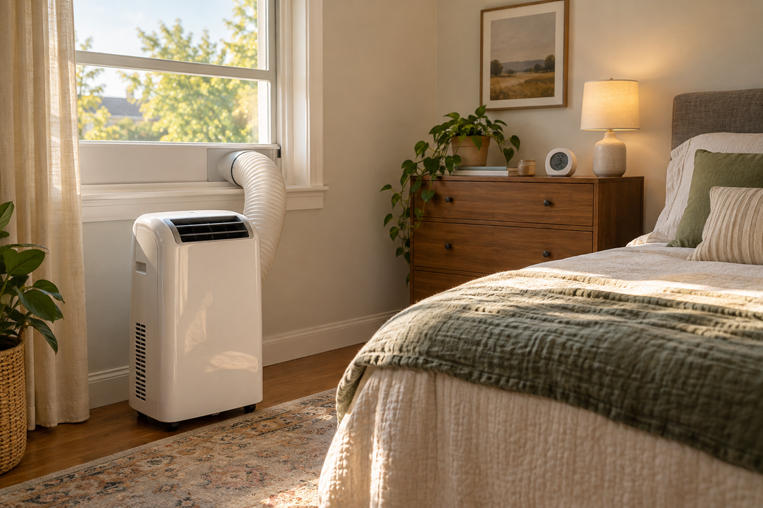 AI illustrative image of a portable air conditioner exhausting through a bedroom window during late-summer heat