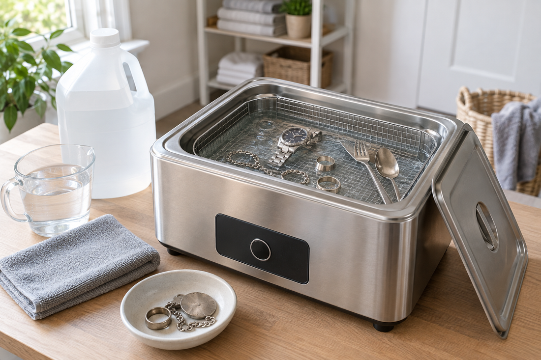 AI illustrative image of a large ultrasonic cleaner basin with generic metal items