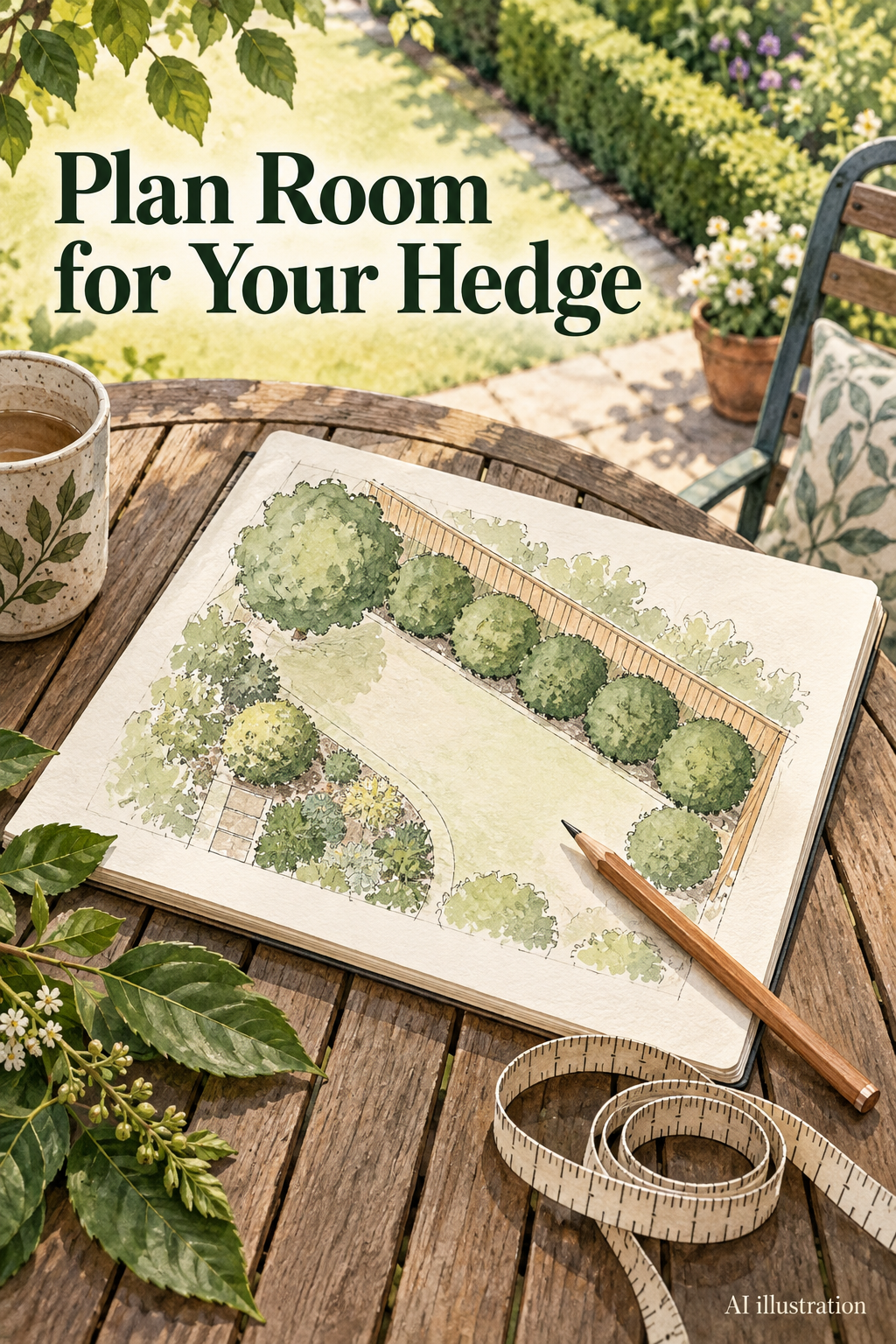 AI illustration of a hedge-planning sketch with canopy circles, a fence line, an open path, pencil and measuring tape, with the words Plan Room for Your Hedge.