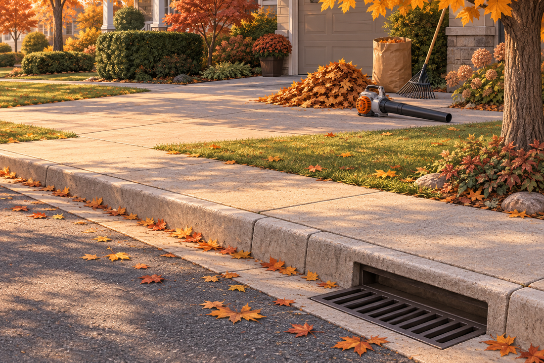 AI-generated illustration of collected autumn leaves kept away from a clear curbside storm drain