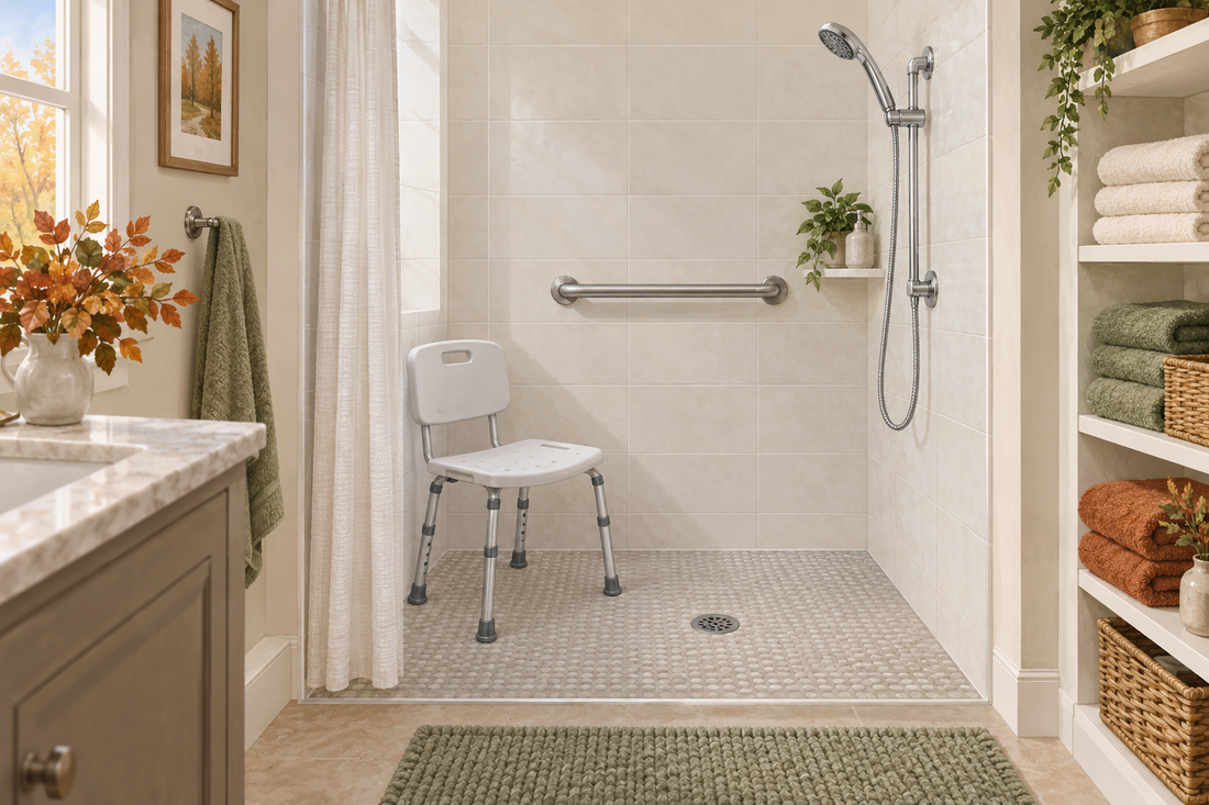 AI illustration of a guest shower with a generic handheld head, separate grab bar and shower chair
