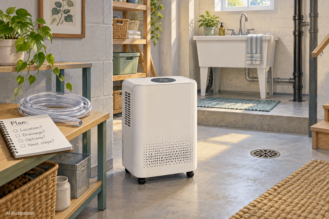 AI illustration of a dehumidifier, disconnected hose, elevated utility sink, and floor drain in a dry basement planning scene