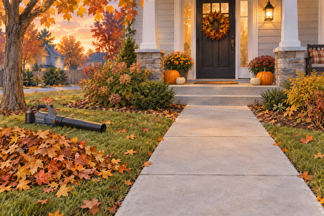 AI illustration of a clear autumn front walkway with pumpkins beside the route and a generic blower resting on grass