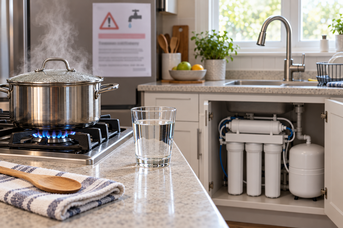 AI-generated illustrative image showing boiling water beside an under-sink reverse-osmosis system