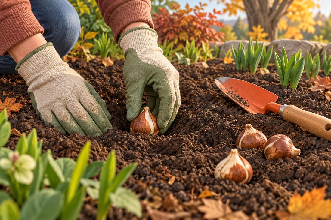 AI illustration of gloved hands planting a spring-flowering bulb beside an unbranded hand trowel; illustrative, not a product photo.