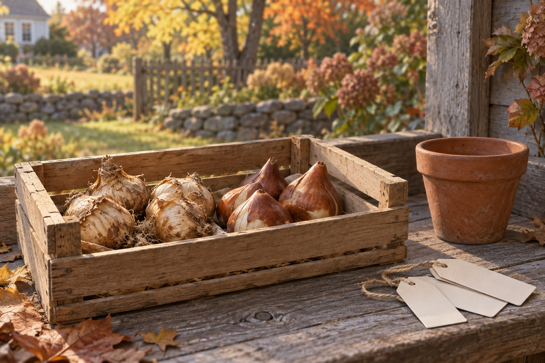 AI-generated illustration of dormant spring-flowering bulbs in a ventilated crate on a shaded potting bench.