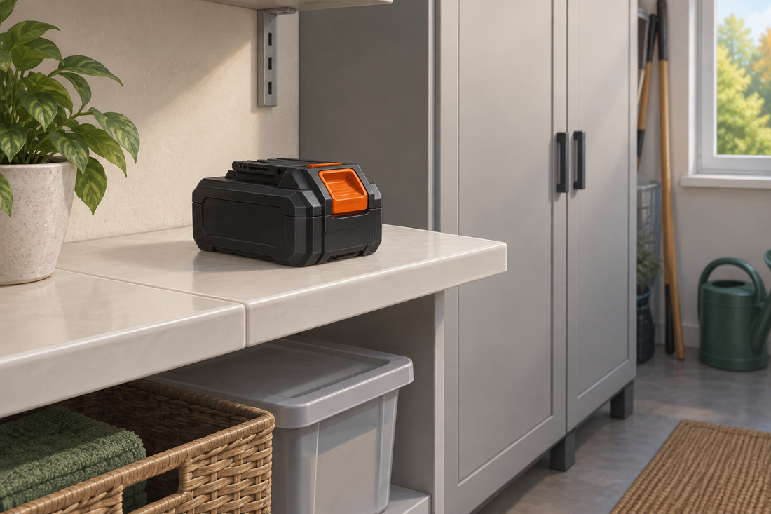 AI conceptual illustration of an intact tool battery resting on a ceramic utility shelf