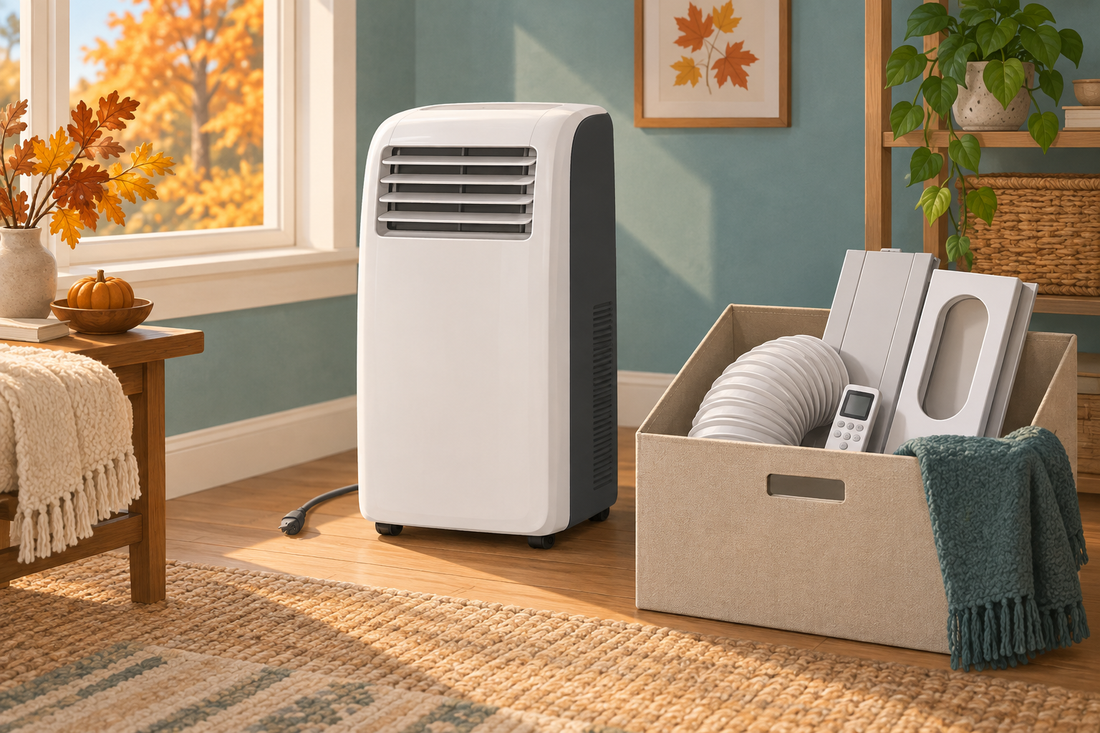 AI illustration of an unplugged portable air conditioner beside a box of organized accessories in an autumn room