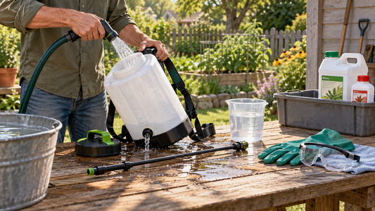 AI illustrative garden sprayer being rinsed with protective equipment nearby