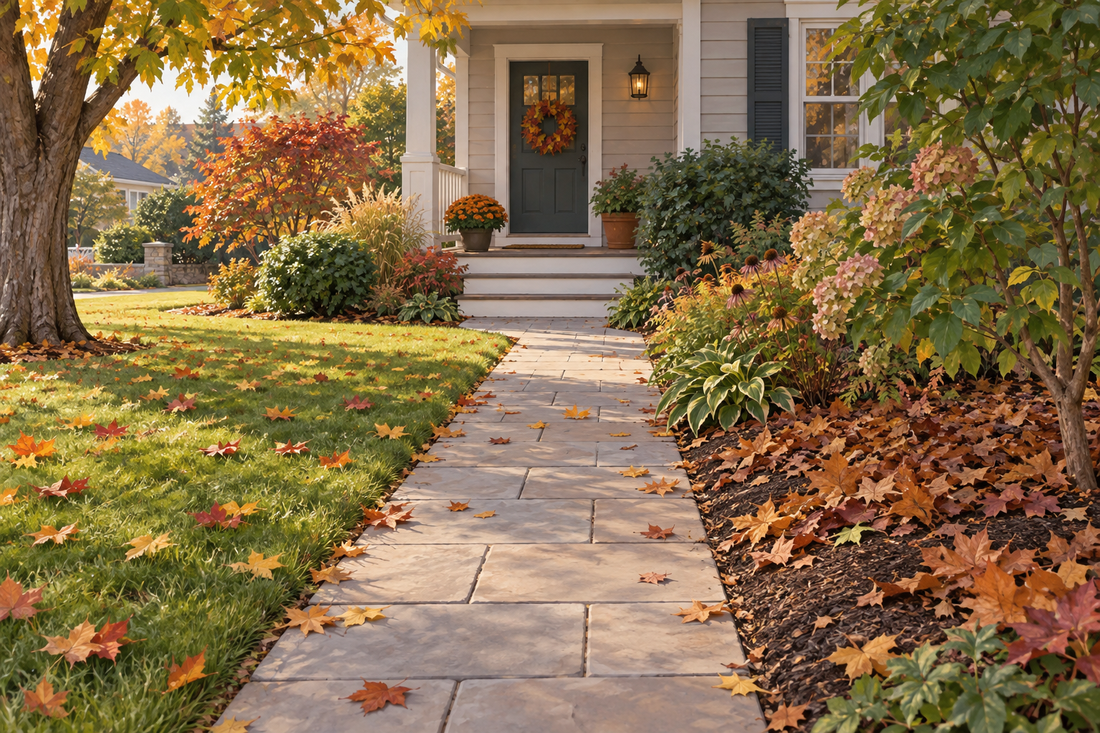 AI-generated illustration of an autumn walkway beside a lawn and a bed retaining fallen leaves.
