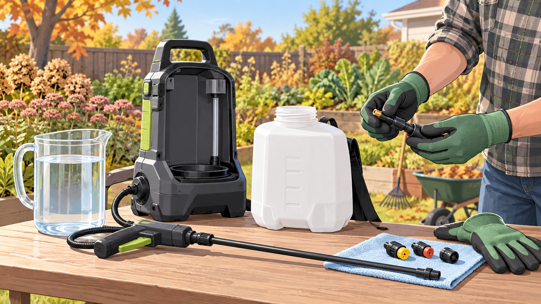 AI illustration of preparing a cordless garden sprayer for an early fall application