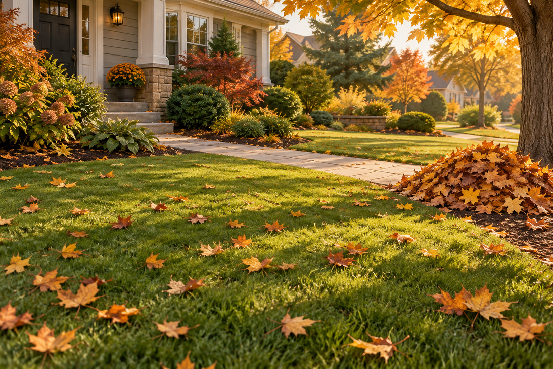 AI-generated illustration of autumn leaves on a lawn beside a clear walkway