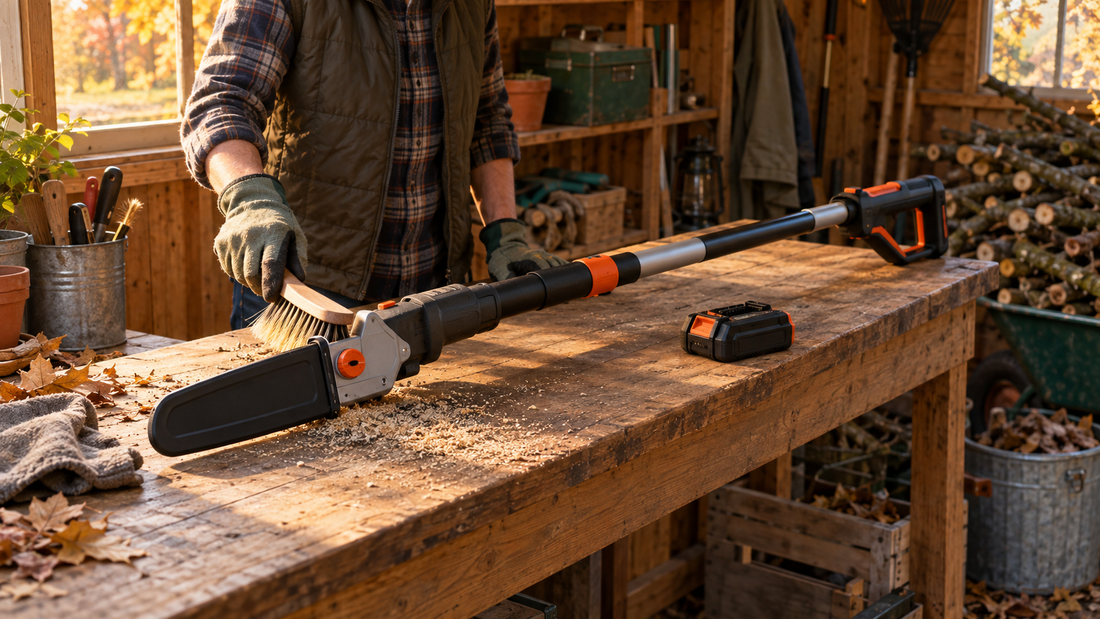 AI-generated illustration of a cordless pole saw cleaned and stored with its battery removed