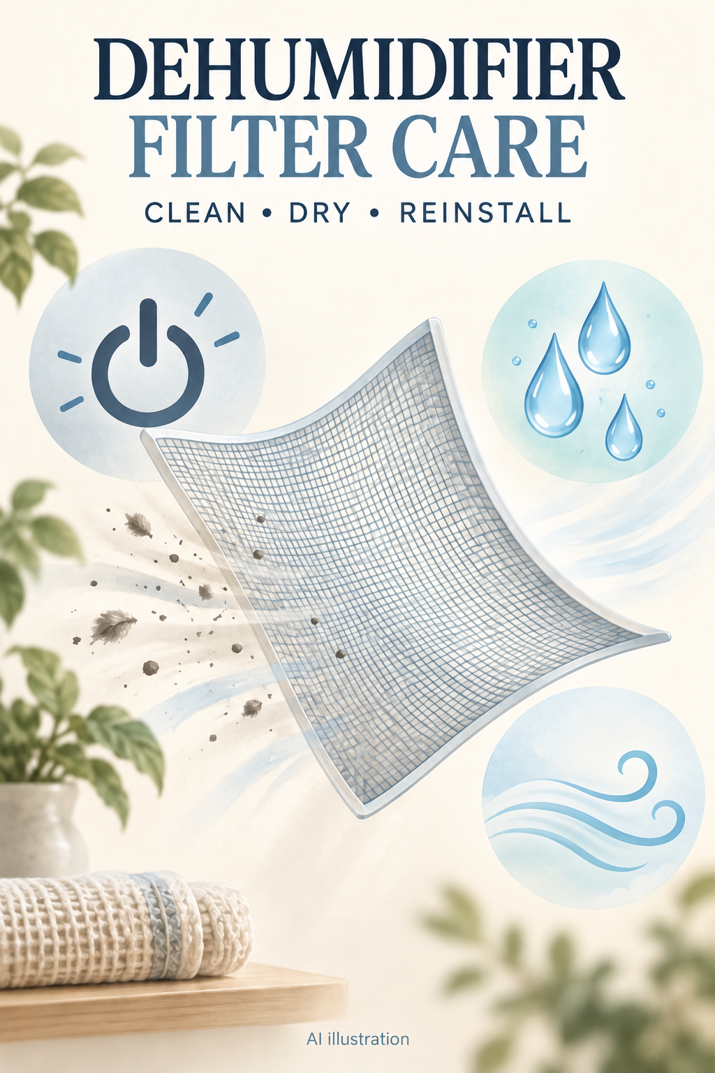 AI illustration of conceptual filter mesh with power, water, and gentle air-drying symbols; not an exact UKOKE filter diagram.