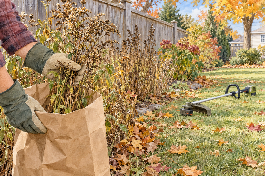 AI illustration of a gloved gardener collecting seed heads by a fall fence, with an idle generic trimmer nearby