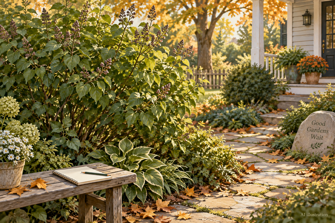 AI illustration of an untrimmed autumn garden shrub and a notebook for planning pruning