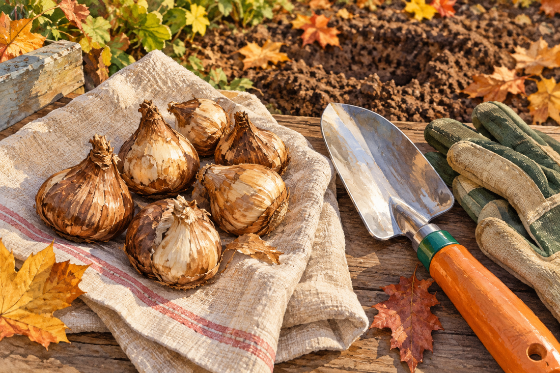 AI-generated illustration of papery spring-flowering bulbs beside an orange-handled trowel and gloves