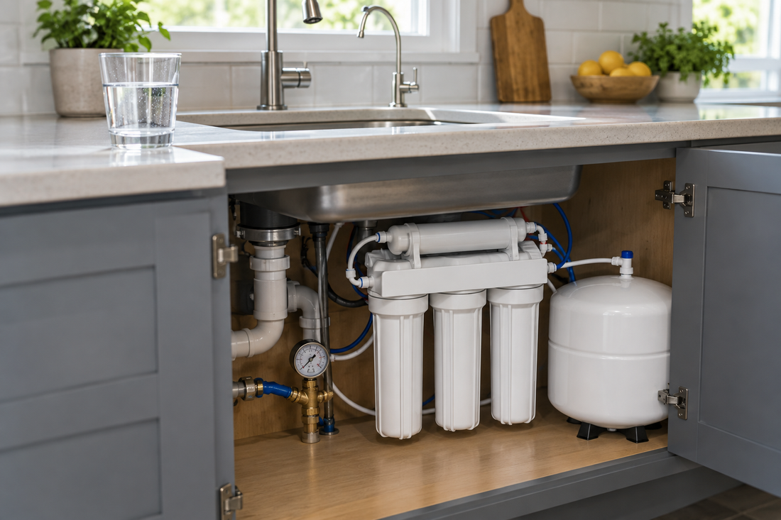 AI-generated illustration of an under-sink reverse osmosis installation with a glass of water