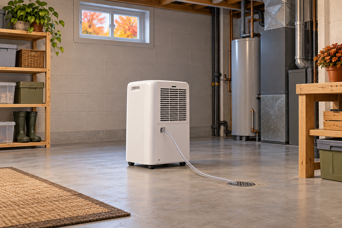 AI illustration of a generic dehumidifier with a descending drain hose in a clear utility room; not an exact-model installation diagram.