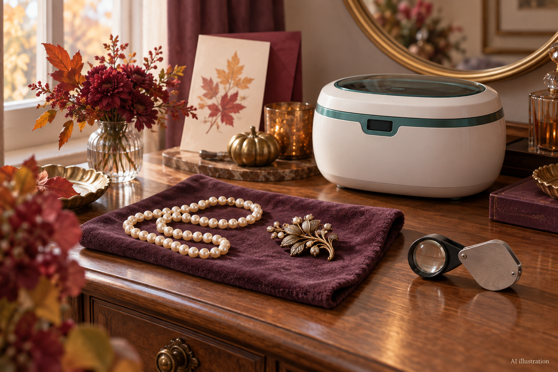 AI illustration: pearls and a vintage brooch kept outside a closed ultrasonic cleaner before a fall event