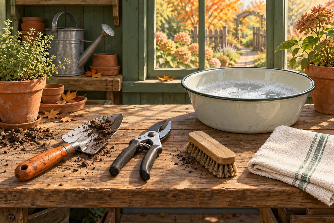 AI-generated illustration of hand tools, brush and separate cleaning and drying areas on a potting bench