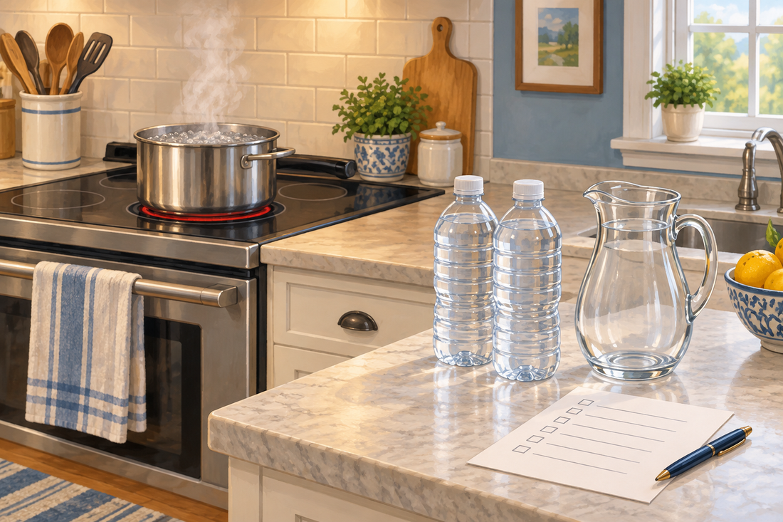 AI-generated illustration of water boiling in a kitchen with sealed drinking-water bottles