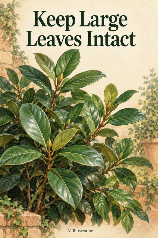 AI illustration of broad evergreen leaves kept intact on visible branching stems beside a garden wall