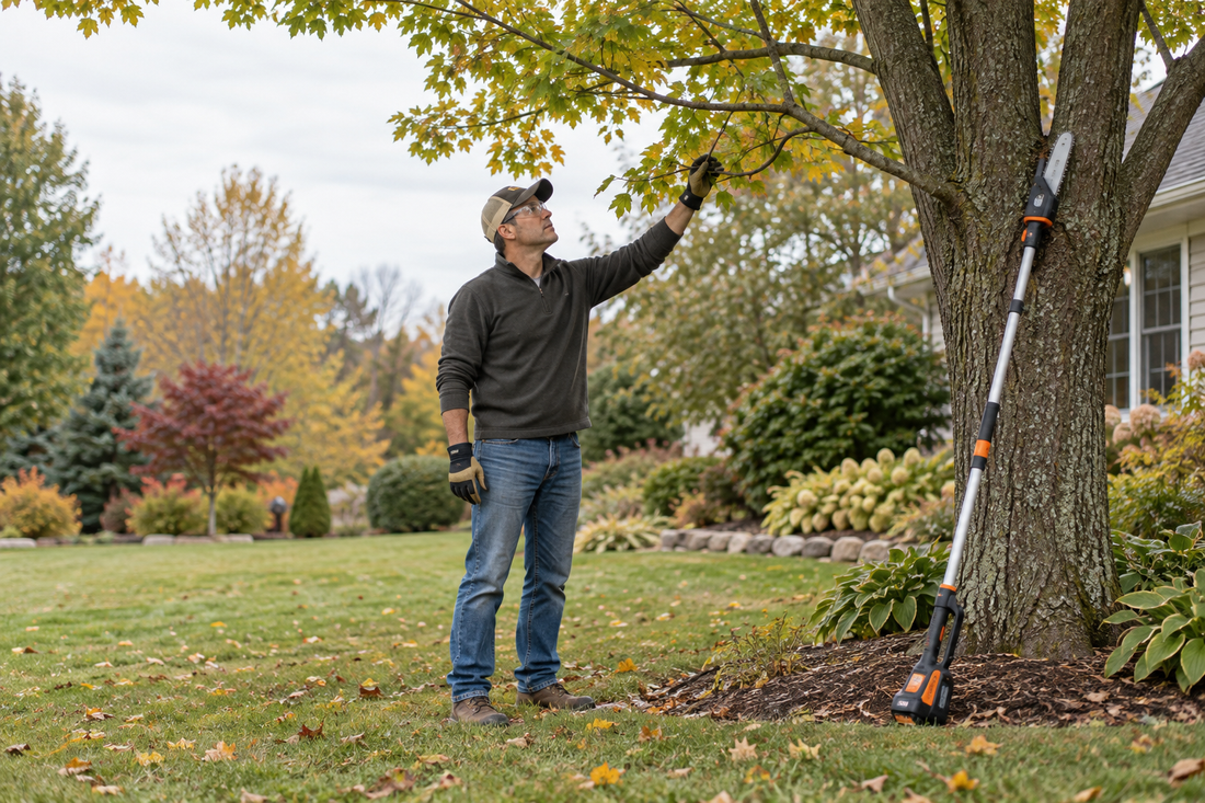 AI illustrative image of a homeowner trimming grass along a garden border with protective eyewear; not a product photograph