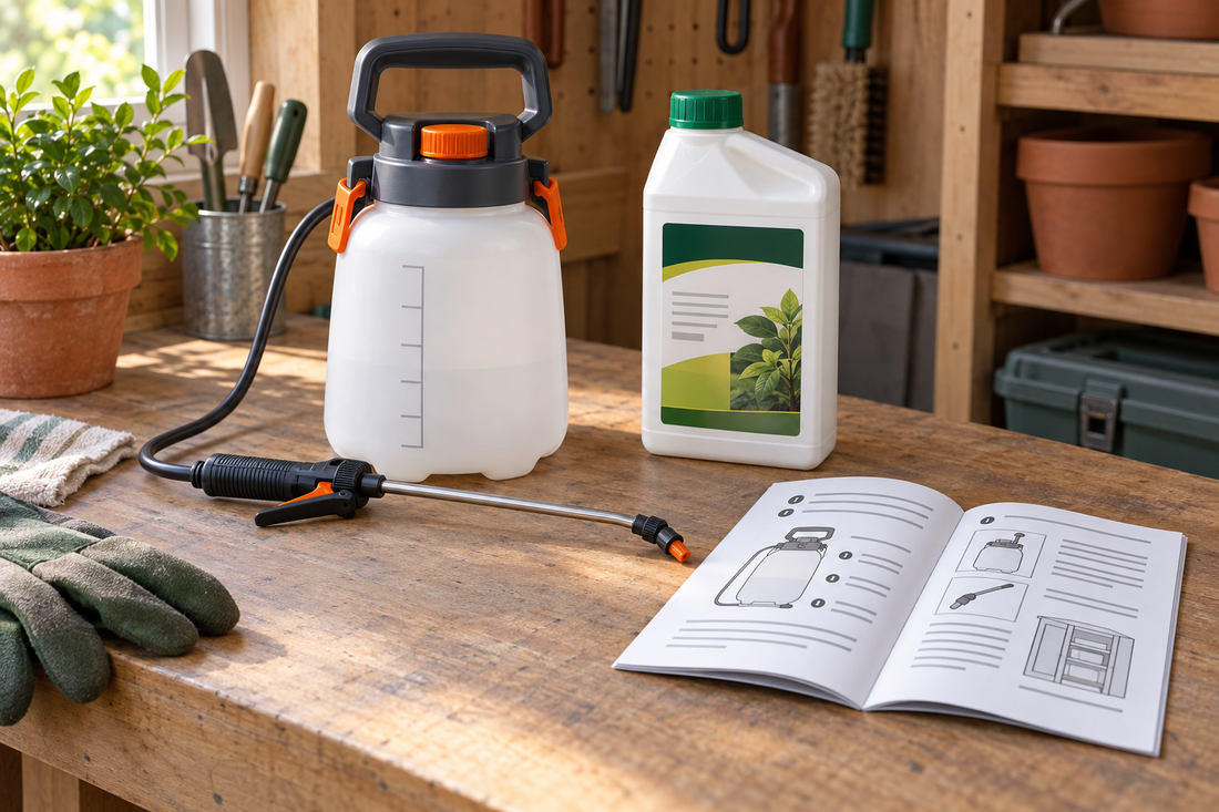 AI conceptual illustration of a switched-off garden sprayer and labeled container awaiting disposal planning