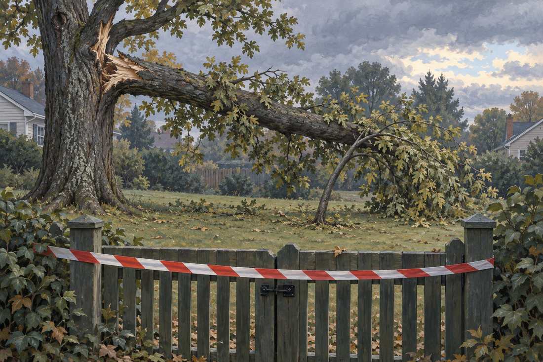 AI illustration of a bent sapling under fallen storm debris viewed from outside a closed garden gate.
