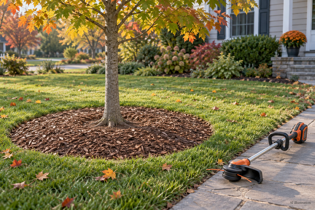 AI illustration: a young tree with a shallow mulch ring and an idle string trimmer resting away from the trunk