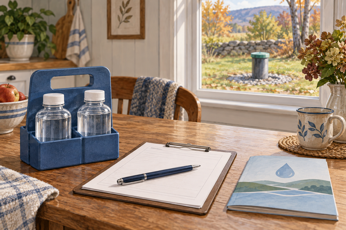 AI-generated illustration of sealed water-sample bottles and a blank test form with an outdoor well in the background