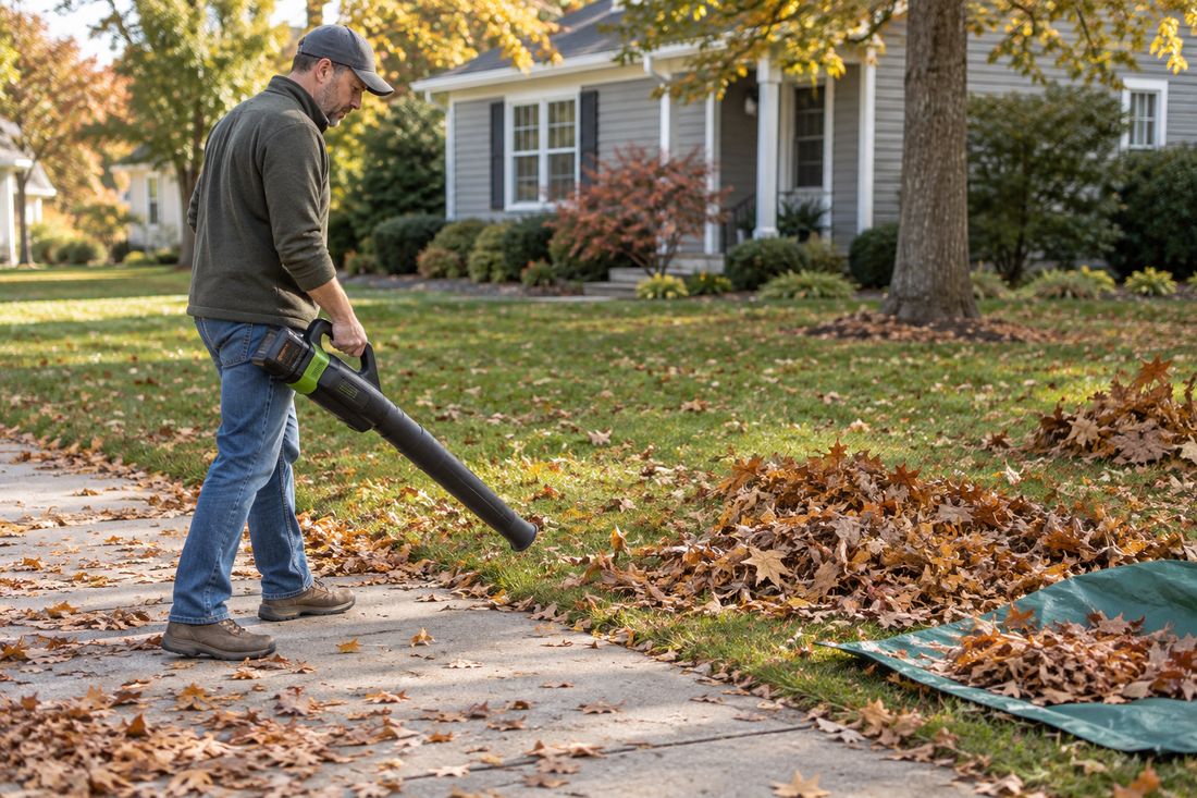 Illustration of a fall lawn with a mower mulching dry leaves and a separate leaf collection pile.
