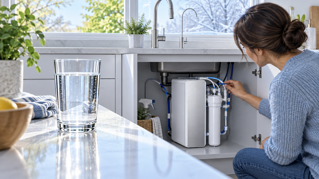 AI illustration of a tankless reverse osmosis system being checked under a kitchen sink