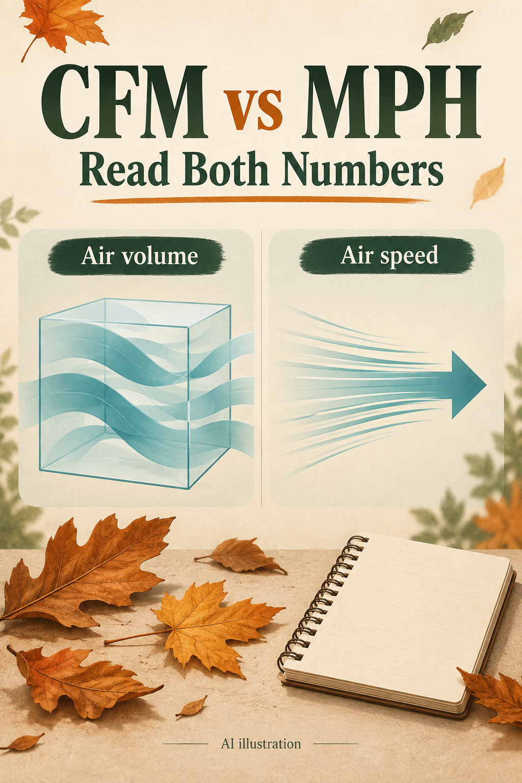 AI illustration of air volume and air speed concepts beside dry leaves; text reads CFM vs MPH and Read Both Numbers.