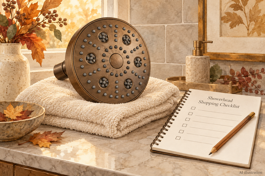 AI illustration of a bronze showerhead beside a planning notebook; not an exact product photo or flow test.
