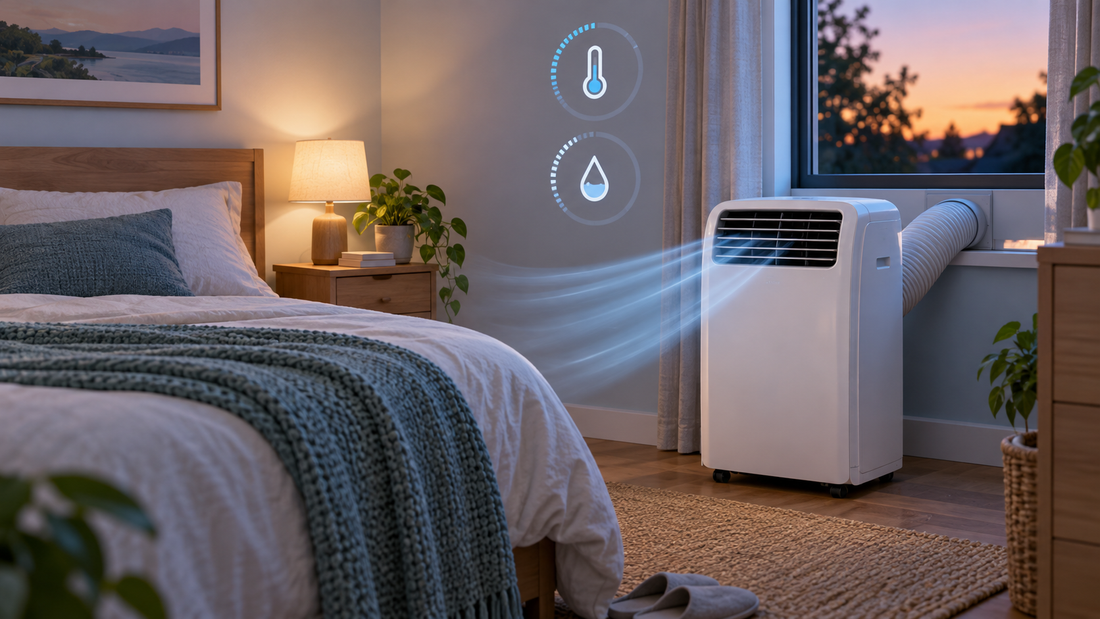 AI illustration of portable AC settings in a small bedroom