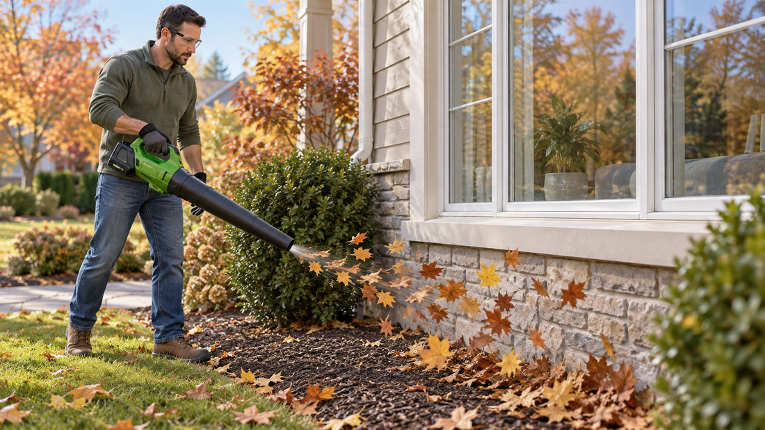 AI illustration of a cordless leaf blower directing leaves away from a house window