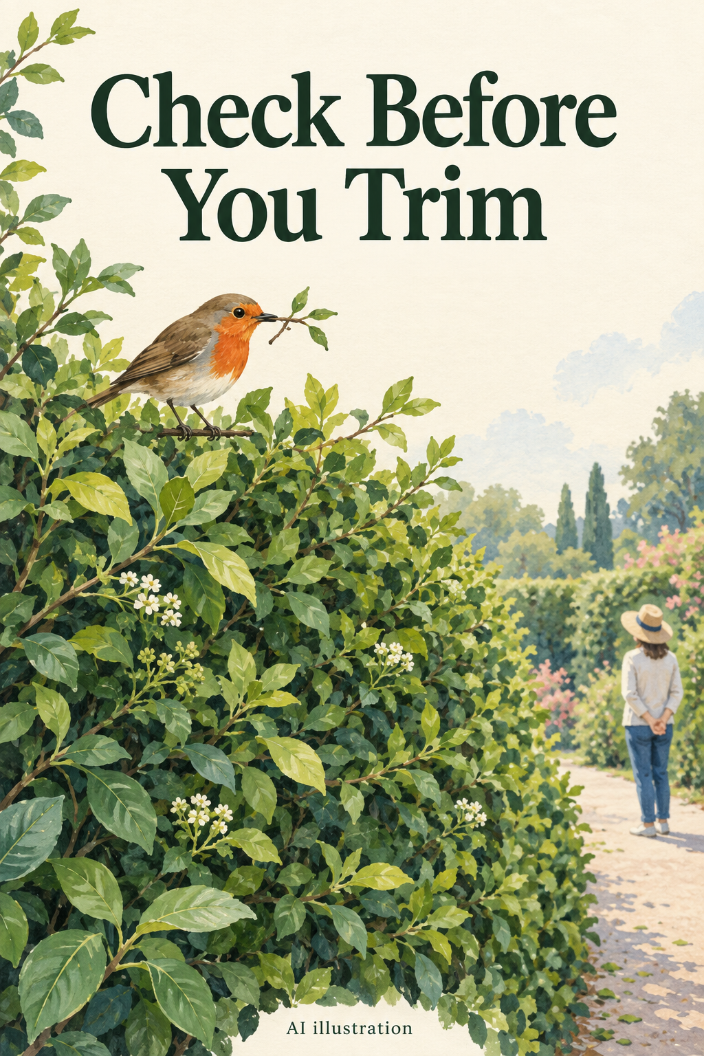 AI illustration of a leafy garden hedge and a small bird, with the words Check Before You Trim.