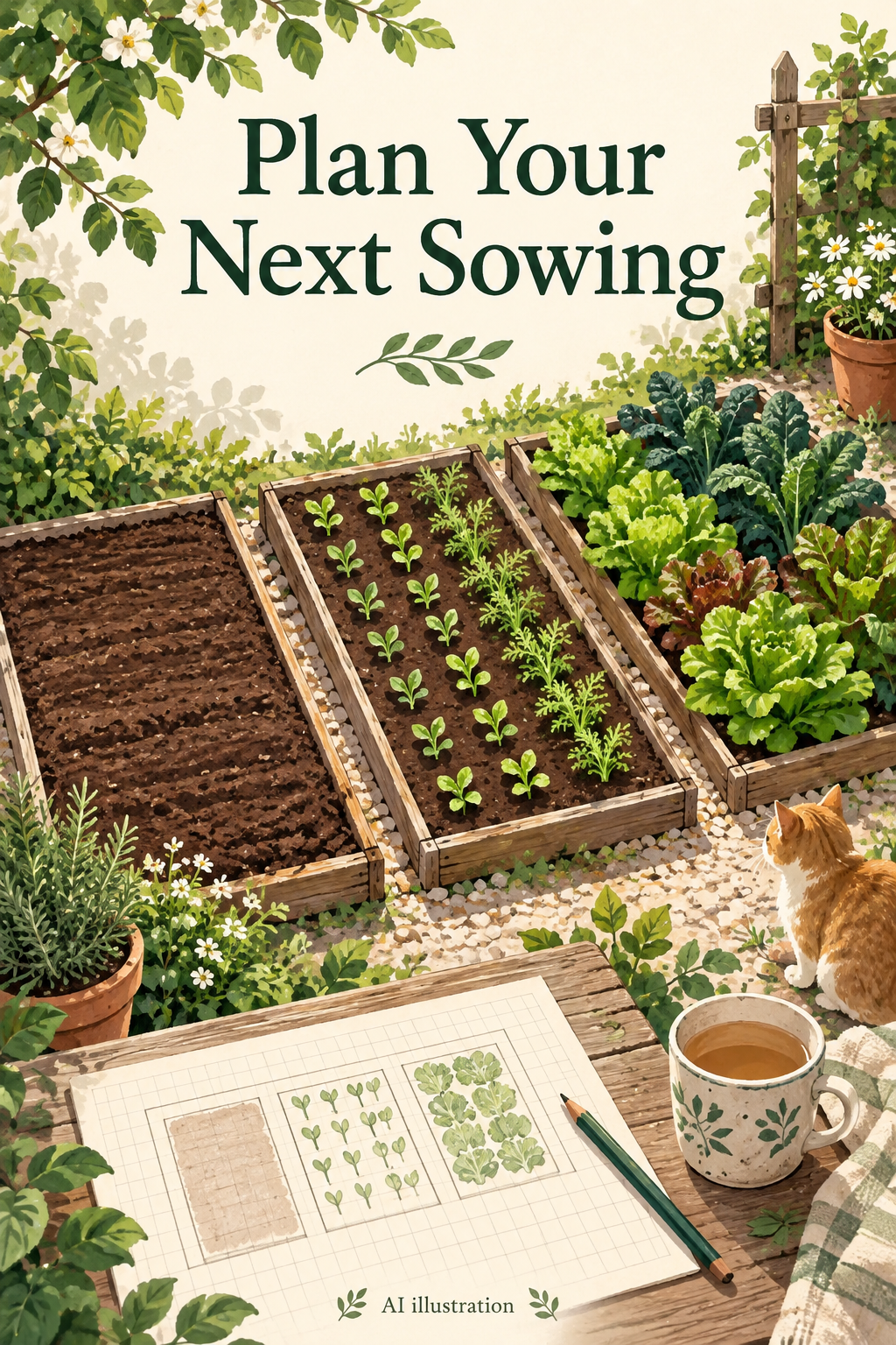 AI illustration of a small vegetable garden divided into staggered planting sections beside a paper sowing plan; text reads Plan Your Next Sowing.
